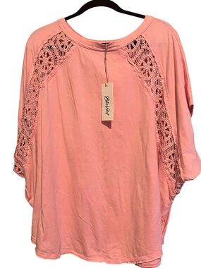 BlueVelvet Peachy Pink Crochet-Trim Short Sleeve Tee Large